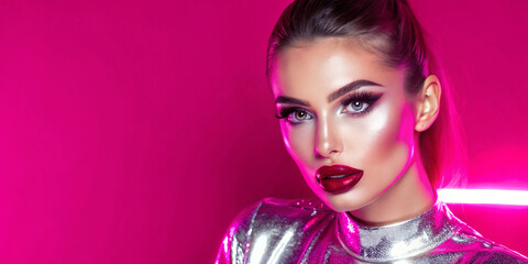 Fototapeta premium Creative fashion model with striking metallic green lips against a bright orange background. Perfect for cosmetics and editorial content.