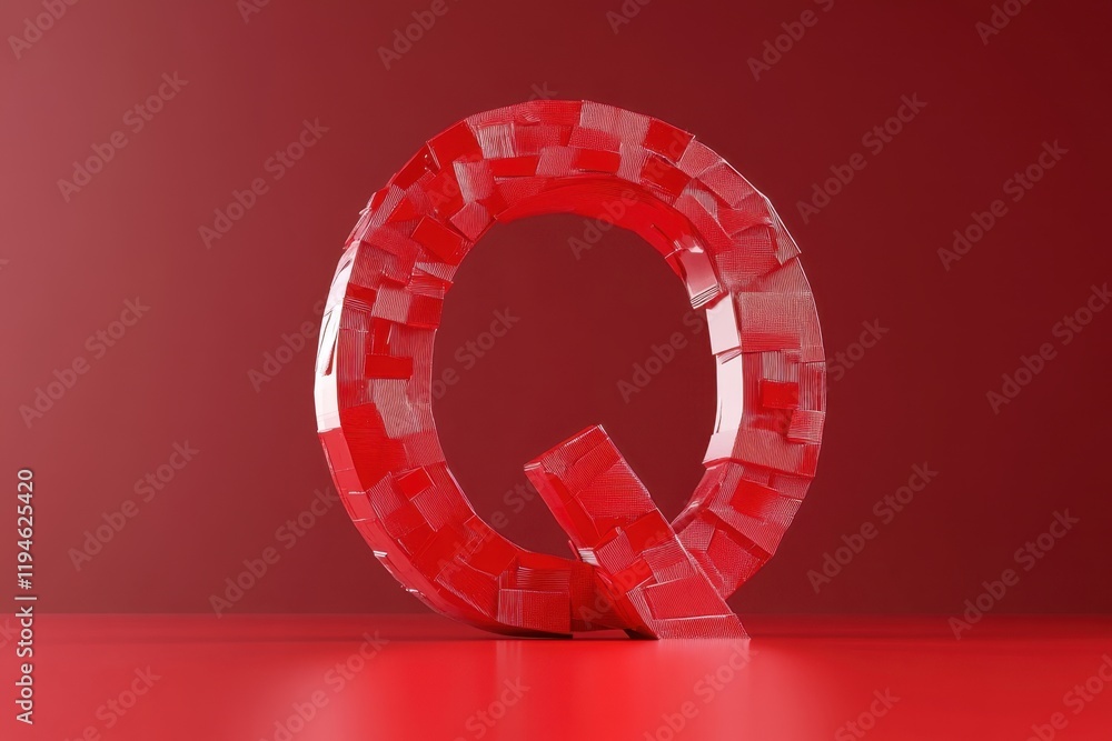 Poster a red q made of blocks is on a red background