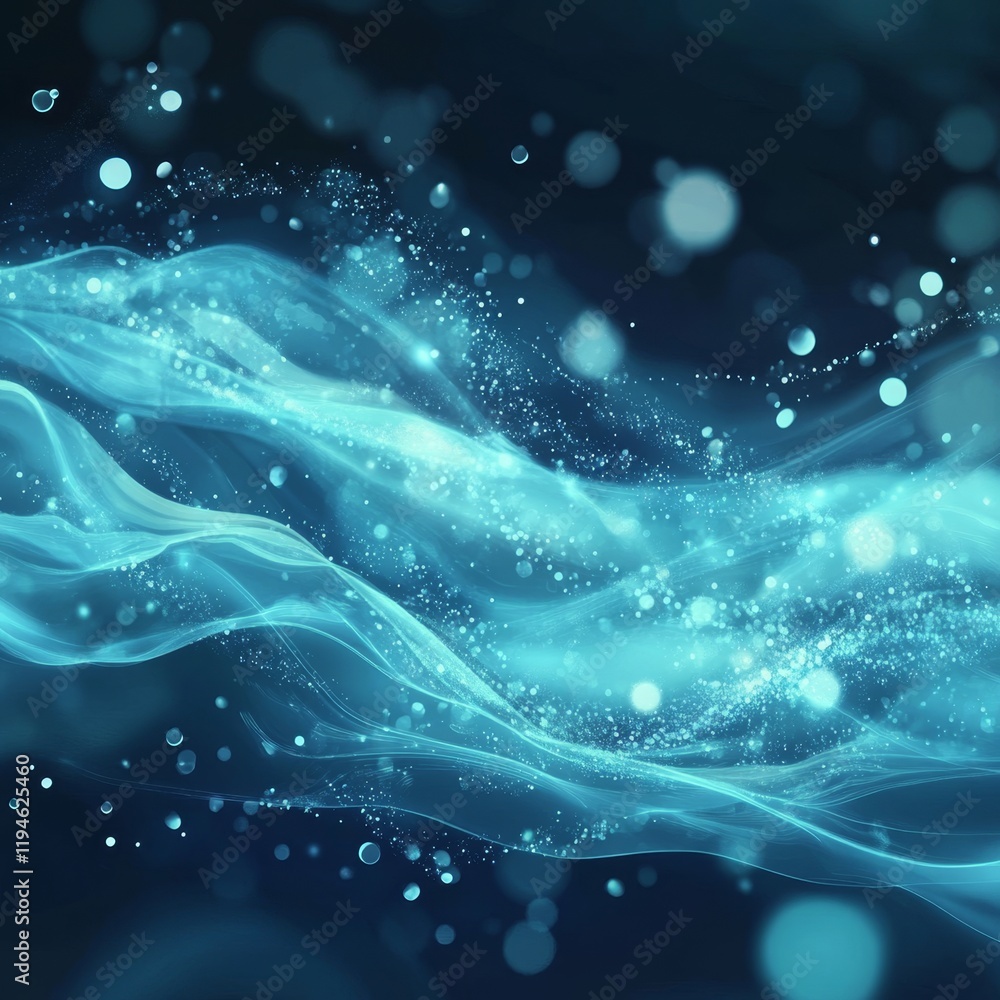 Poster soft abstract aquatic background with glowing waves and particles