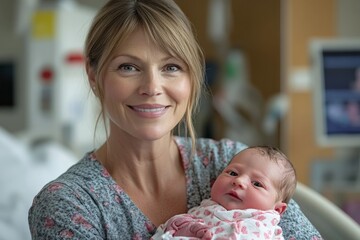 A smiling mother in a serene hospital setting holds her newborn dressed in pink, providing a sense of security, love, and joy in a familial environment.
