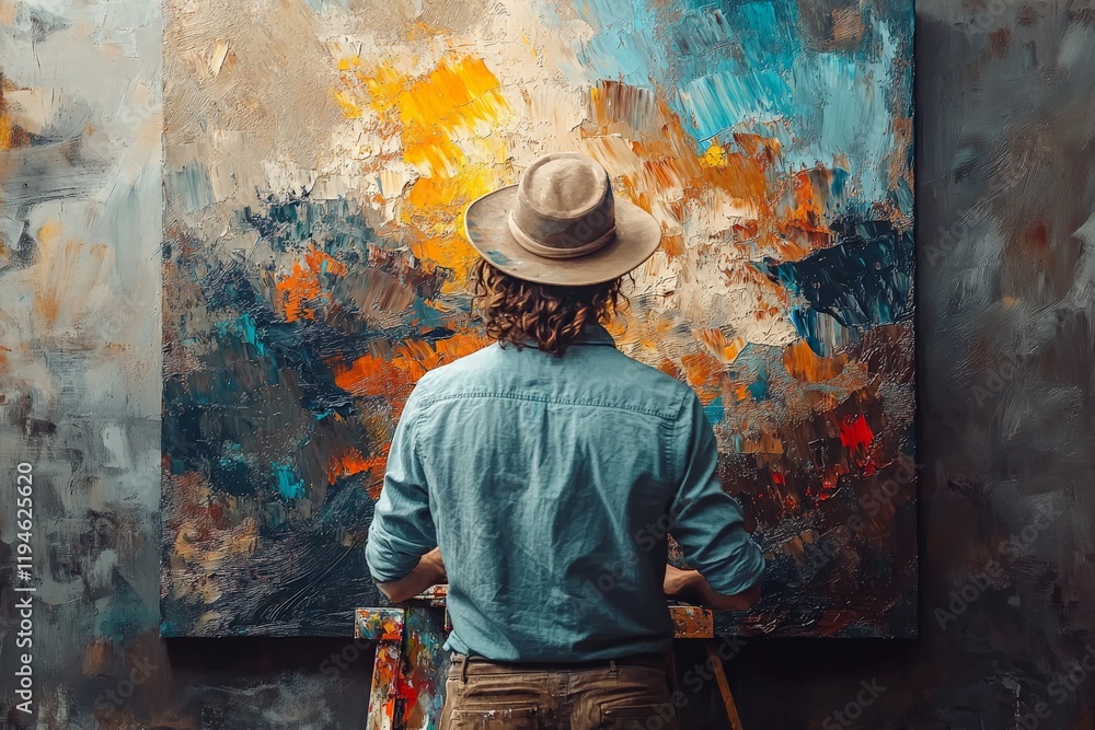 Poster a man with a hat is painting a large abstract canvas in an art studio, surrounded by artistic chaos,