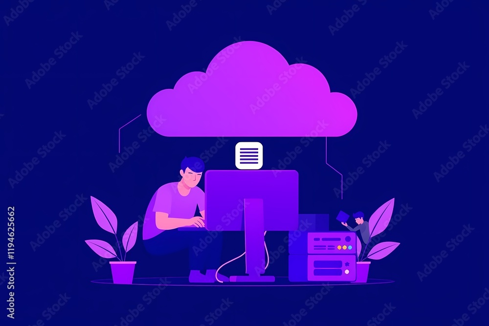 Poster cloud computing illustration: a stylized illustration depicting a person working on a computer conne