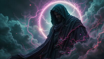 The Stormcaller: A hooded sorcerer commands power amidst a swirling nebula of lightning and cosmic energy.