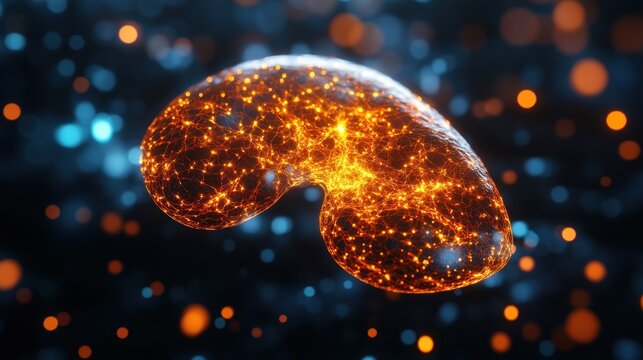 Glowing abstract representation of a kidney-shaped object with vibrant particles against a dark background