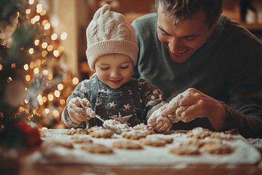 A father and son duo is seen joyfully baking Christmas cookies together, enhancing the holiday spirit with festive decorations, joy, and family connection. - Powered by Adobe