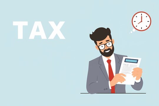 Tax Time Blues: A cartoon illustration of a bearded man in a suit, looking stressed as he holds a tax form and stares at a clock.