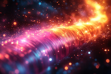 Fototapeta premium Pulsing Strands of Fiber Optics – Close-up of fiber optic cables emitting vibrant light, stretched to their limit, evoking fragility and dynamic energy in a digital landscape