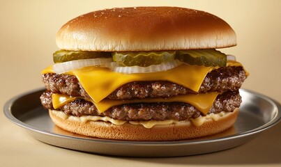 Delicious double cheeseburger with melted cheddar and special sauce served on a silver plate against a soft yellow background