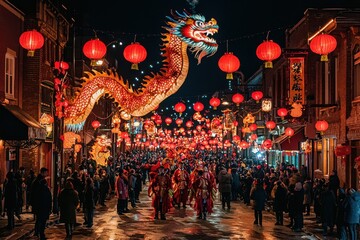 Chinese new year celebration with dragon dance chinatown night festival crowded streets colorful...