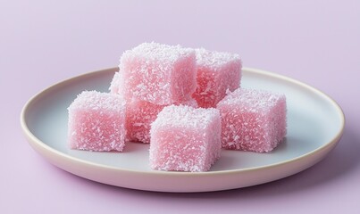 Chewy coconut ice squares on a pastel plate against a lavender background