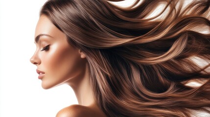 Naklejka premium Beautiful model girl with Brown hair strand,silky healthy chestnut wavy hair strand,hair wavy ribbon, with smooth,Keratin straightening,Treatment,straight long hair,procedures,Smooth hairstyle.