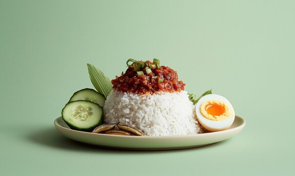 Delicious nasi lemak served on a smooth white plate with sambal, anchovies, egg, and cucumber against a muted green background