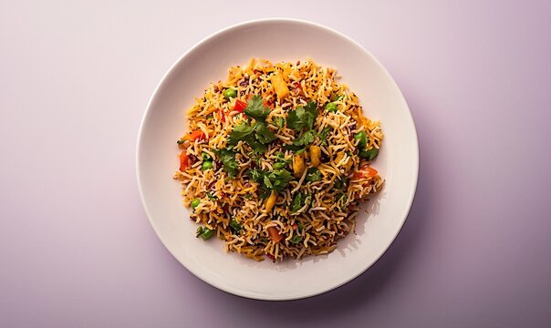 Enjoying bhel puri with a mix of crispy rice, fresh vegetables, and tangy chutney on a white plate against a soft purple background