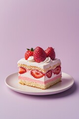 Layers of Strawberry Shortcake on a White Plate with a Lavender Background