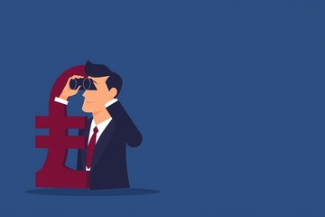 Obraz premium Financial Vision: A businessman, holding binoculars, peeks through a giant pound sterling symbol, symbolizing the pursuit of financial growth and opportunities.