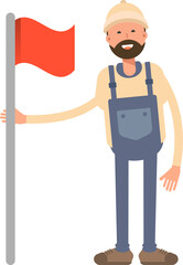 Worker Character Standing with Flag Pole
