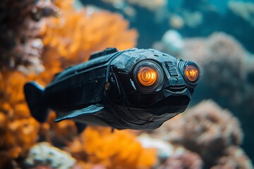 A mechanical fish glows with bright eyes swimming through an aquatic environment, symbolizing innovation, technology, and a blend of nature and machinery.