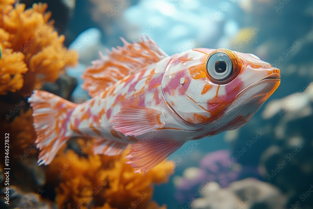 Poster a fascinating fish with a unique white and pink pattern swims through an intricate coral setting, ca