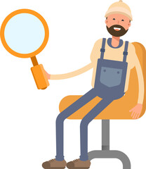 Worker Character Sitting and Holding Magnifier
