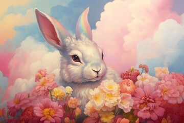 Rabbit and flowers painting animal mammal.
