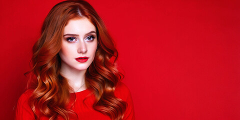 Naklejka premium Portrait of a beautiful woman with long red hair and flawless makeup on a bright background. Perfect for beauty and fashion theme.