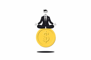 Mindful Millionaire: A stylized illustration of a calm businessman in a suit meditating peacefully atop a large golden coin, symbolizing financial serenity and mindful wealth management.