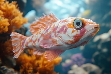 Obraz premium A fascinating fish with a unique white and pink pattern swims through an intricate coral setting, capturing the essence of oceanic beauty and serenity.