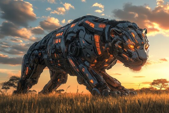 An intricately designed robotic panther with orange highlights stealthily prowls the sunlit savanna, blending technological prowess with nature's majesty.