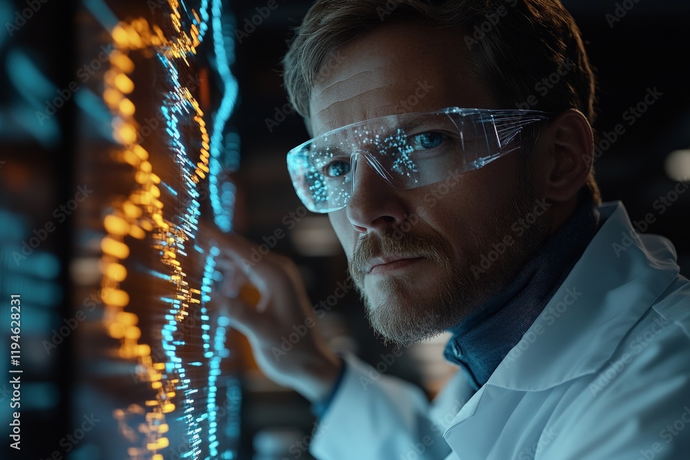 Poster a scientist equipped with futuristic glasses analyzes digital data, representing modern scientific i