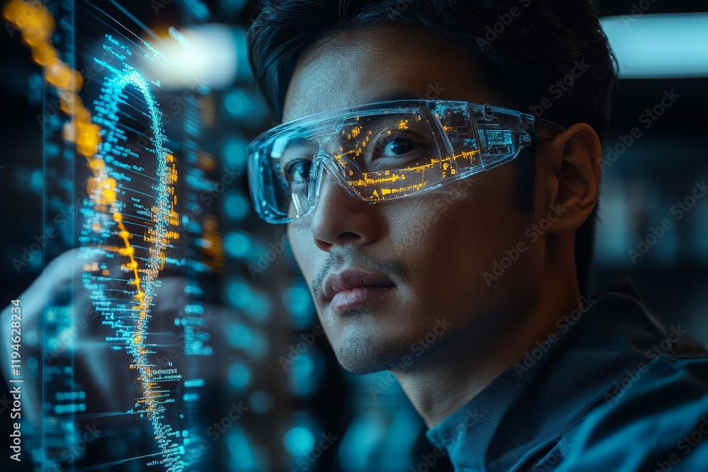 Leinwandbilder a technician wearing high-tech glasses interacts with digital displays, immersed in virtual data ana
