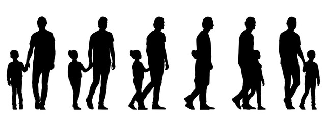 Vector concept conceptual black silhouette of a father  holding his daughter by the hand from different perspectives isolated on white. A metaphor for parenting, fatherhood, childhood, family and love