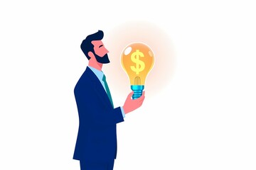 Brilliant Business Idea: A stylized illustration of a businessman holding a lightbulb with a dollar sign inside, symbolizing a financial breakthrough or innovative business concept.