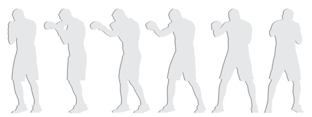 Vector concept or conceptual gray paper cut silhouette of a male boxer training from different perspectives isolated on white background. A metaphor for sport, power, competition, perseverance and lif