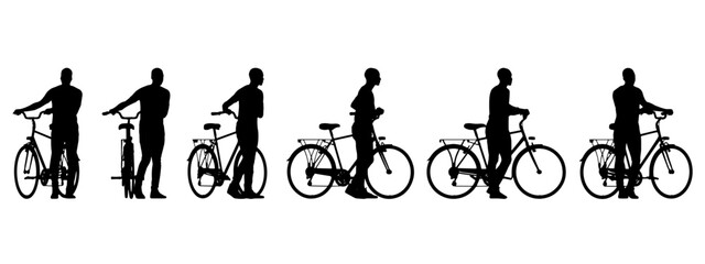 Vector concept conceptual black silhouette of a man riding a bicycle from different perspectives isolated on white background. A metaphor for sport, fitness, competition, health, leisure and lifestyle