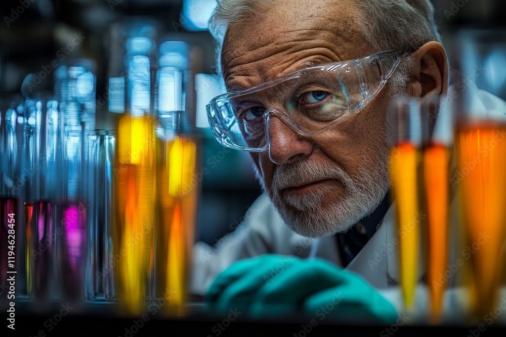 Aufkleber An elderly scientist in a laboratory setting examining various colorful test tubes with protective goggles, highlighting scientific exploration and curiosity.