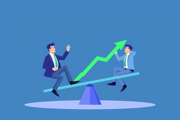 Business Growth Partnership: Two businessmen on a seesaw, one pushing up the other with an upward green arrow representing growth.