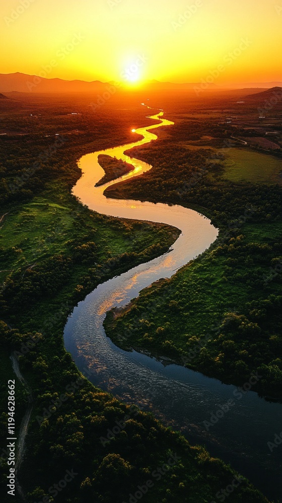 Poster a breathtaking view captures a serpentine river illuminated by the warm hues of sunset, surrounded b