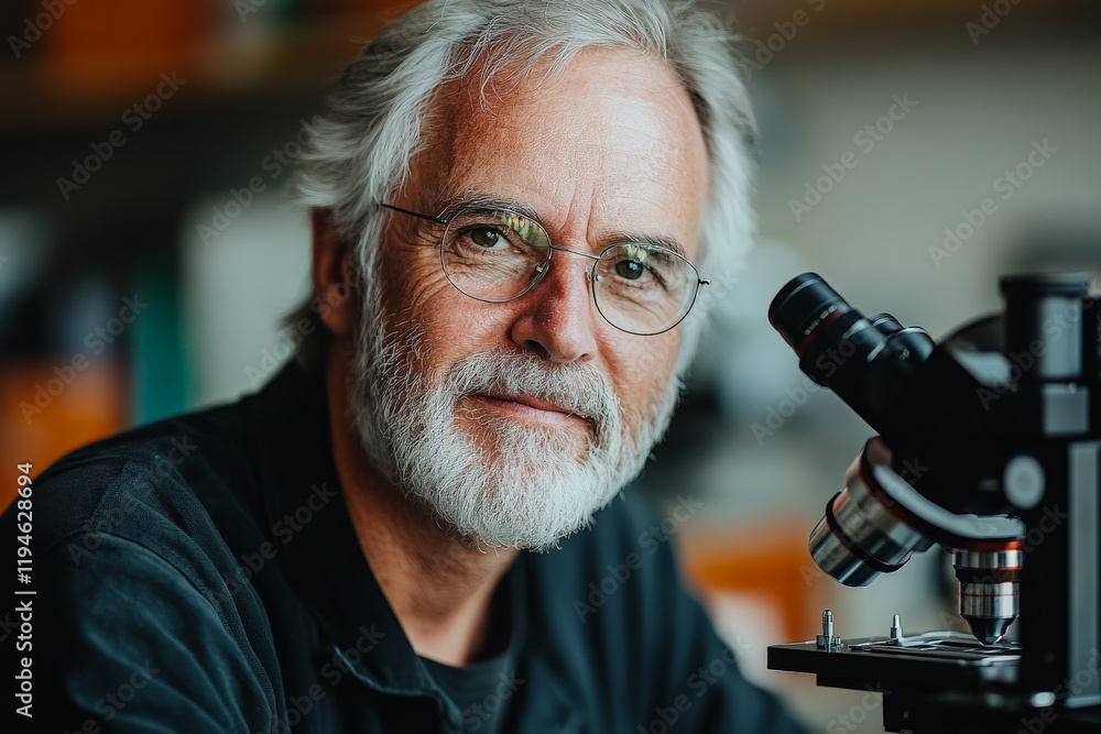 Poster an elderly scientist with a bearded face and glasses peers through a microscope in a modern laborato