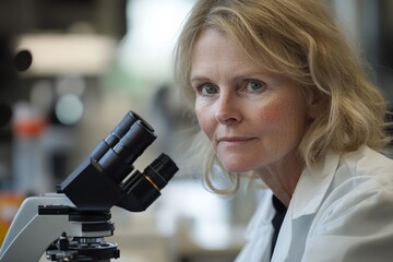 Fototapeta premium A mature researcher stands next to a microscope in a laboratory, representing dedication to scientific discovery and methodical study in a calm setting.