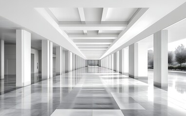 Fototapeta premium Modern white hallway with high ceiling and marble floor.