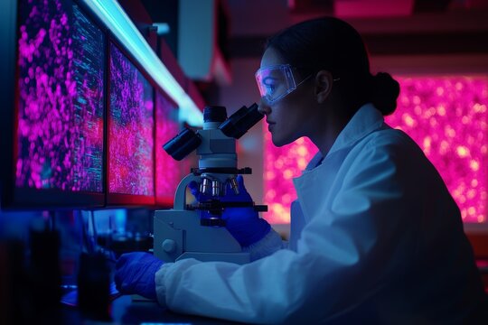 A scientist in safety gear observes digital screens displaying pink data, demonstrating the advancement of modern scientific research and technological progress.