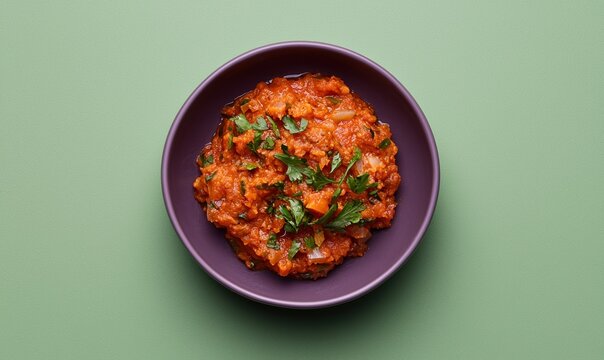 Flavorful baingan bharta served in a purple bowl with vibrant green background