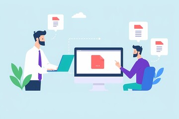 Collaborating on Documents: Two colleagues, represented by colorful illustrations, work together on a project. They are seamlessly connected digitally, collaborating on documents.