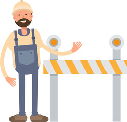 Worker Character Standing with Road Barrier Illustration
