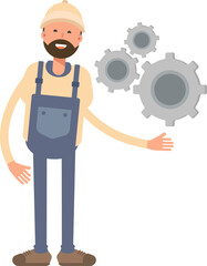 Worker Character Holding Gears
