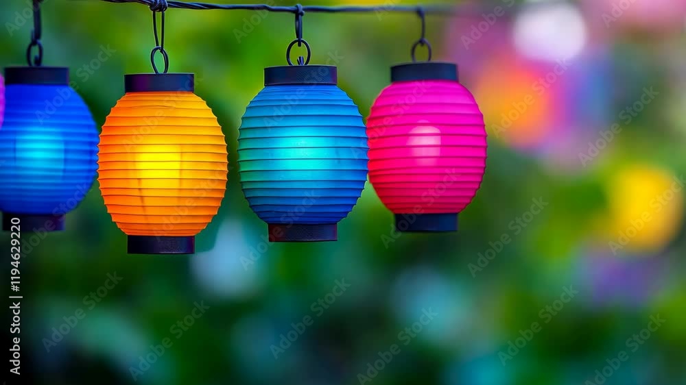 Poster row of colorful lanterns hanging from a wire. the lanterns are of different colors and sizes, creati