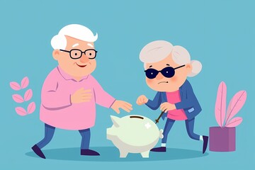 Saving for Retirement: A fun and lighthearted illustration of an elderly couple, one playfully reaching for a piggy bank while the other playfully defends it.