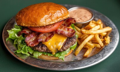 Juicy beef bacon burger topped with cheese, lettuce, and tomato on a silver plate with fries on the side
