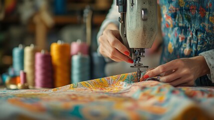 Obraz premium Close-up of a woman's hands using a vintage sewing machine on colorful fabric. The scene is in a workshop setting with spools of thread in the background.