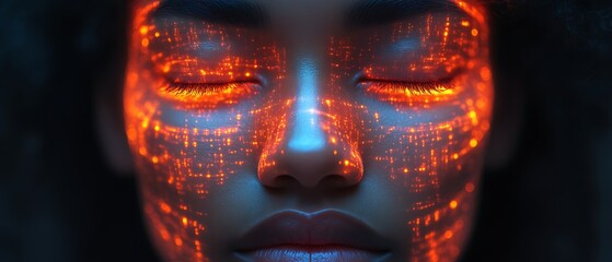 Woman's face glowing with digital data.